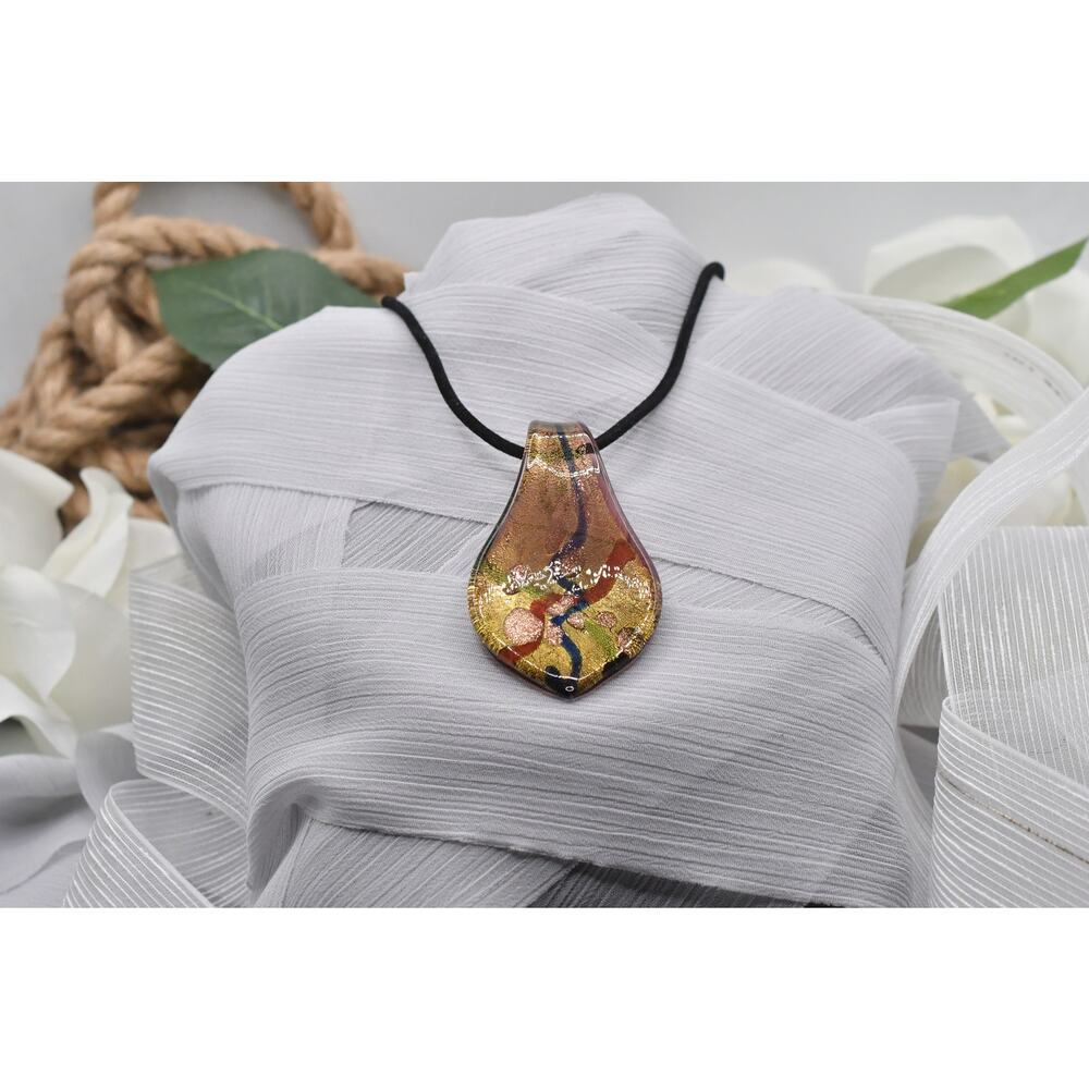 Vintage Murano Style Art Glass Pendant Necklace Gold Copper Foil Suede Cord 17"